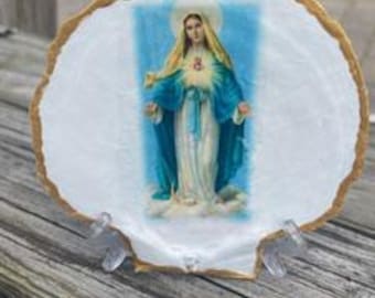 Mother Mary Decoupage Large Oyster Shell: Religious Decor Blessed Mary