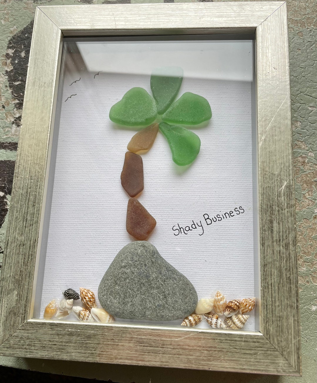 Beach Glass Framed Art Palm Tree Rustic Design Sea Glass Art Shadow Box