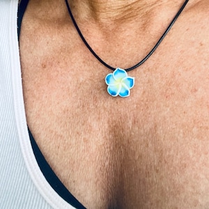 Hawaiian flower necklace Blue plumeria flower chorded necklace surfer girl jewelry