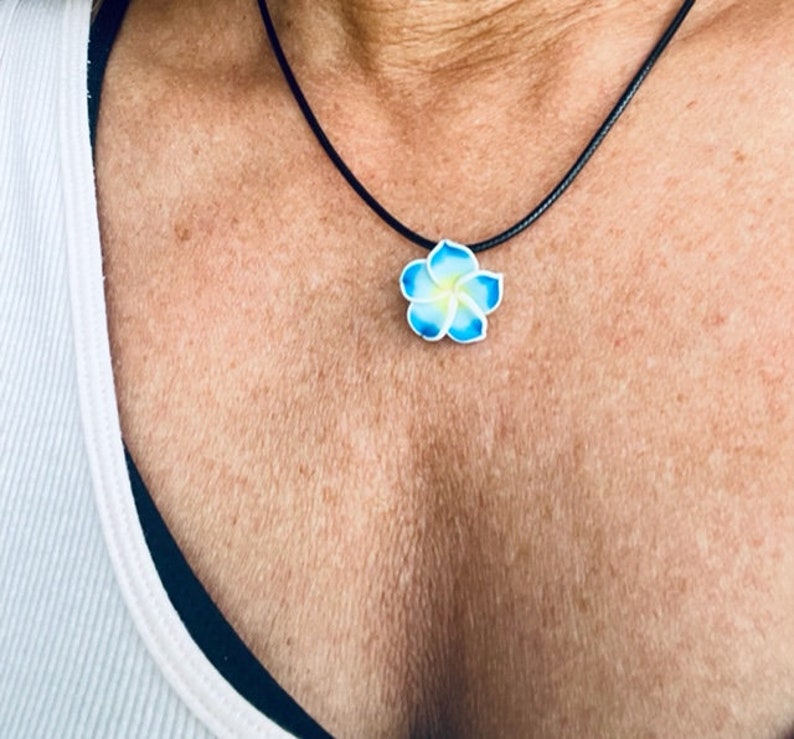 Hawaiian flower necklace Blue plumeria flower chorded necklace surfer girl jewelry