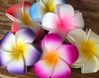 Hawaiian flowers mixed colors Fake Plumeria lot of 12 multi colored Foam Frangipani Flower Heads beach wedding Hawaiian Party Decorations