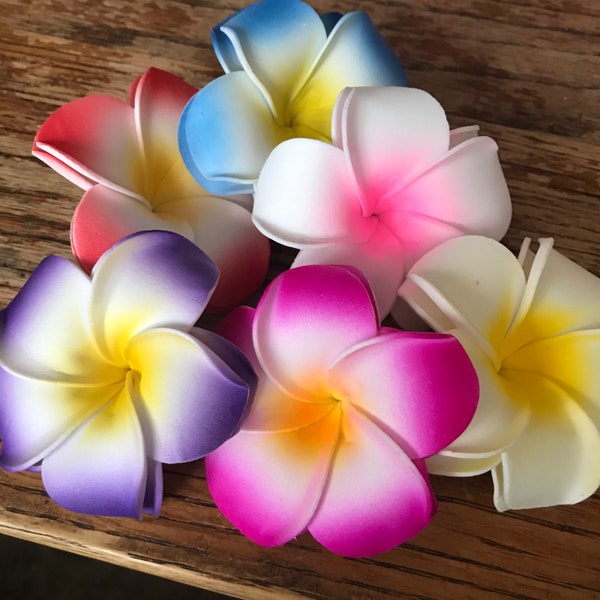 Hawaiian flowers mixed colors Fake Plumeria lot of 12 multi colored Foam Frangipani Flower Heads beach wedding Hawaiian Party Decorations