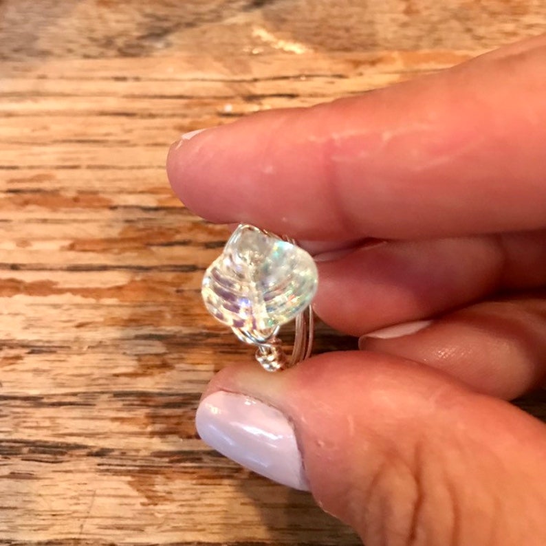 Wire wrapped clam shell glass ring