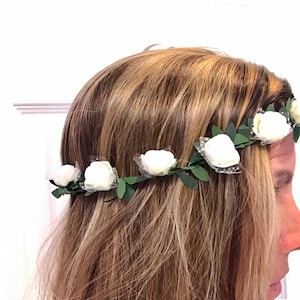 Flower head wreath adjustable white rose bohemian wire head piece wedding bridesmaid flower girl faux floral head piece