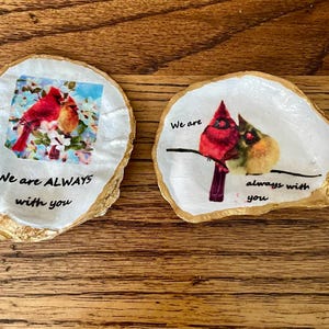 Decoupage Cardinal Oyster Shell: Beach Home Decor, Angel Memorial