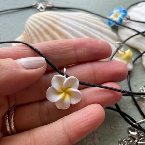 Hawaiian flower necklace white yellow plumeria flower chorded necklace surfer girl jewelry beachy Christmas gifts