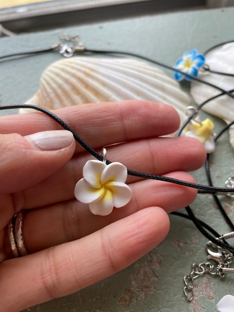 Hawaiian flower necklace white yellow plumeria flower chorded necklace surfer girl jewelry beachy Christmas gifts