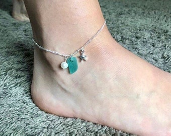 Sea glass starfish anklet silver plated beach glass ankle bracelet mother of pearl beach jewelry