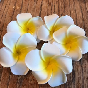 Hawaiian flowers Fake Plumeria lot of 10 Foam 3"/7cm Frangipani Flower Heads white/yellow beach wedding Hawaiian Party Decorations