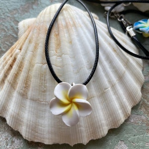 Hawaiian flower necklace Blue plumeria flower chorded necklace surfer girl jewelry luau unisex jewelry