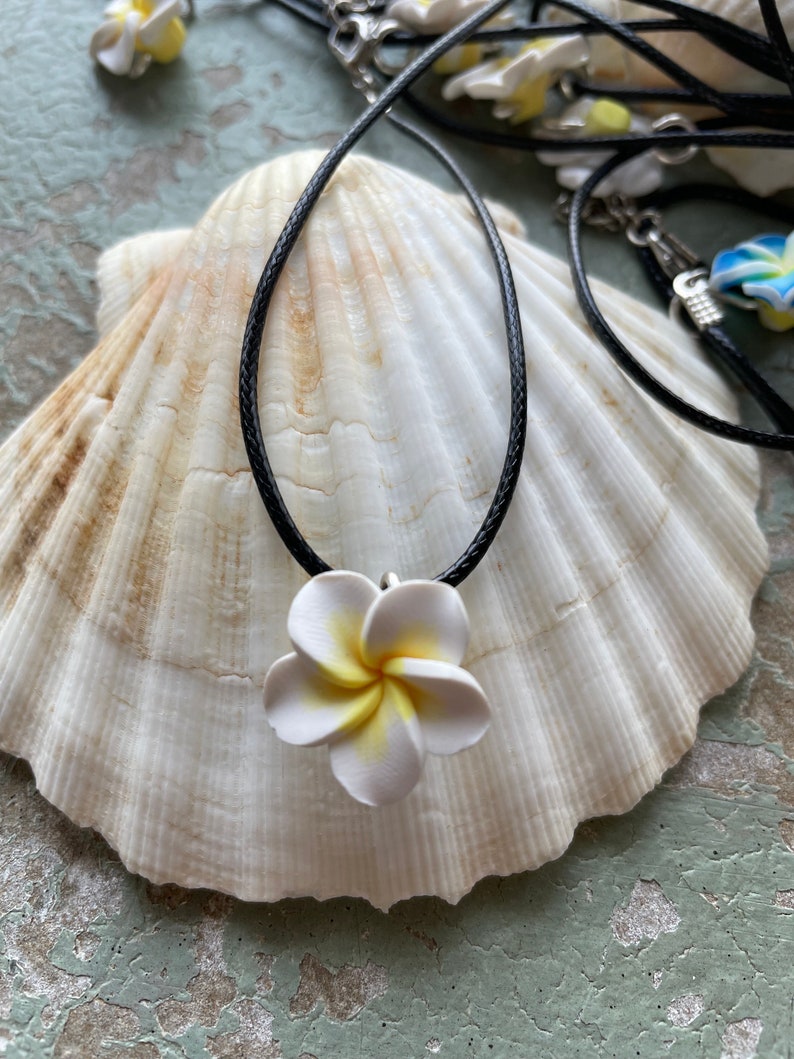 Hawaiian flower necklace Blue plumeria flower chorded necklace surfer girl jewelry luau unisex jewelry