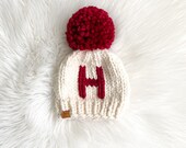 Monogram Chunky Knit Toque Initial Knit Hat Pom Pom Beanie Baby Toddler Child Adult
