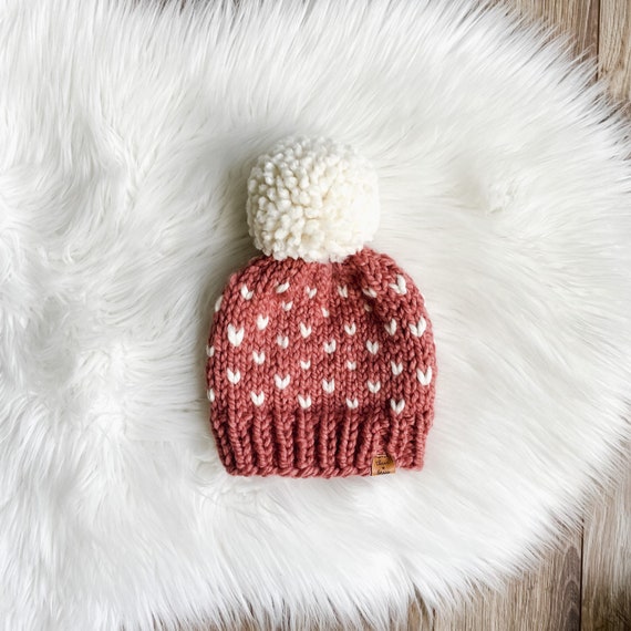 Knit Heart Pom Pom Toque | Knit Heart Hat | Valentine’s Heart Knit Beanie | Baby | Child | Toddler | Adult