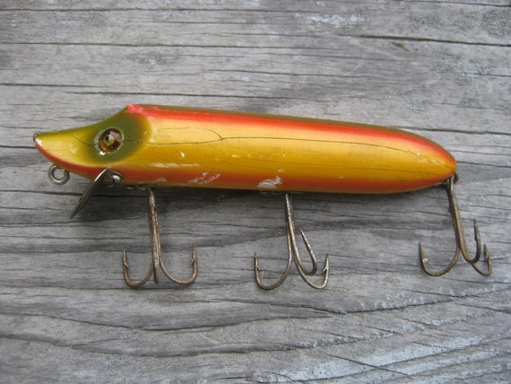 Antique Heddon Dowagiac Vamp Wood Rainbow Glass Eyes Fishing Lure