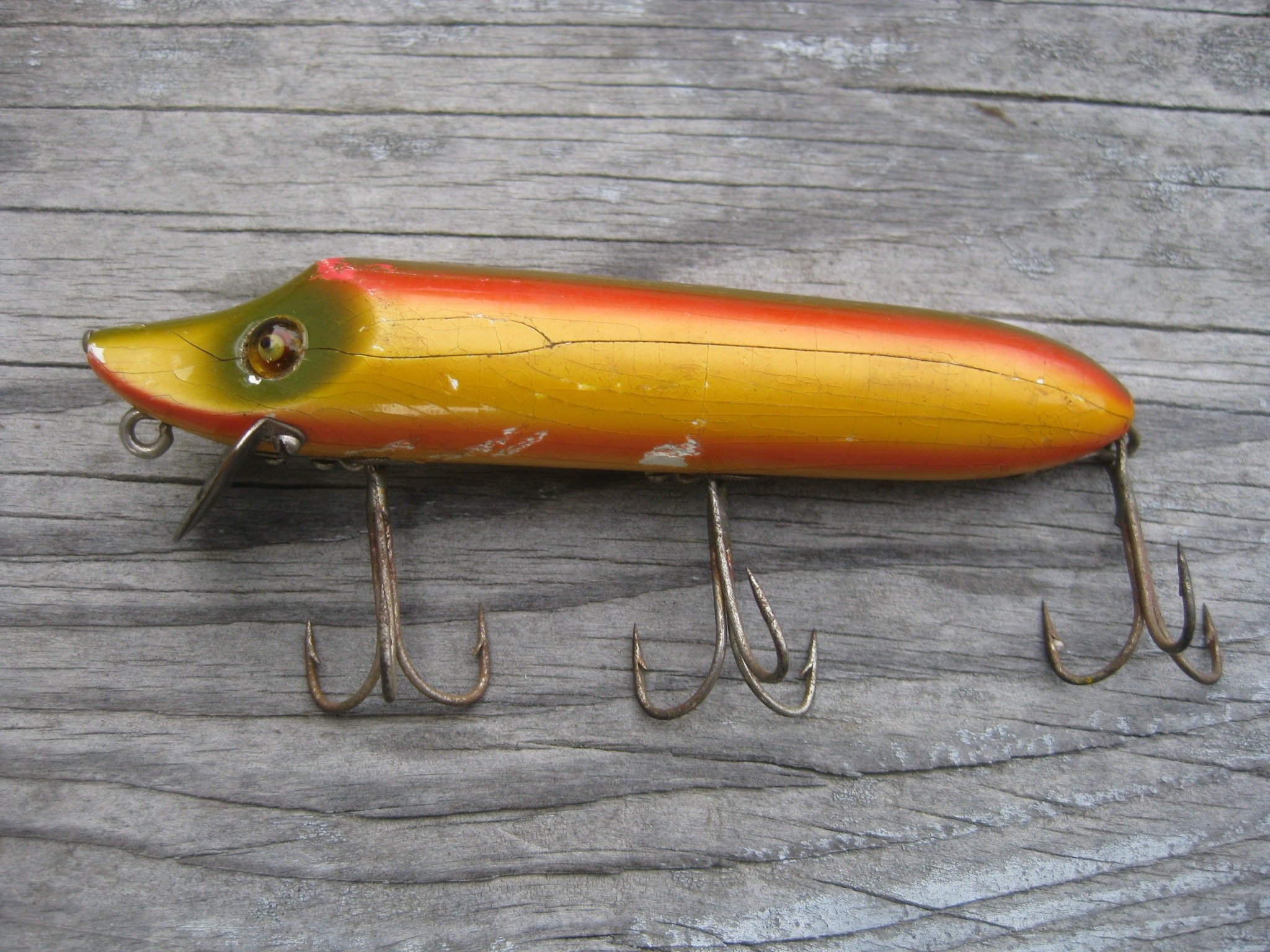 Antique Heddon Dowagiac Vamp Wood Rainbow Glass Eyes Fishing Lure 