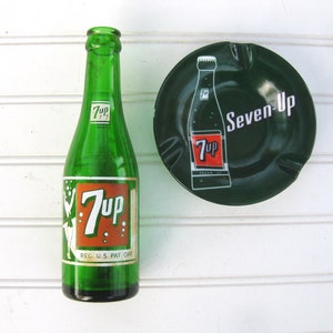 Vintage 7-Up Seven Up ASHTRAY & ACL &quot;Bubble Girl&quot; 7 oz. Soda Pop Bottle  Port Angeles, Wash.