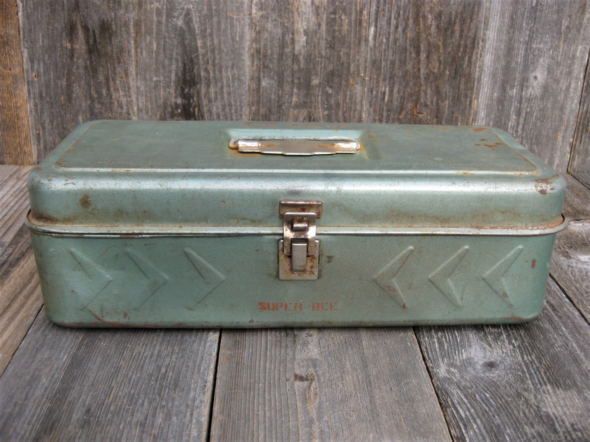 Vintage Fishing Tackle Box Distressed Metal Greenish Toolbox Craft Box 
