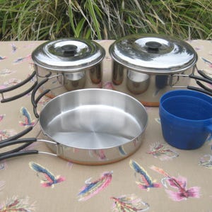 2 Person Stainless Steel Copper Clad Cook Set 7 Pcs.  Camping Backpacking Mess Kit  NOS