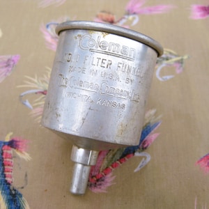 Vintage COLEMAN No. 0 Filter Funnel Aluminum Fuel Funnel W/ Blue
