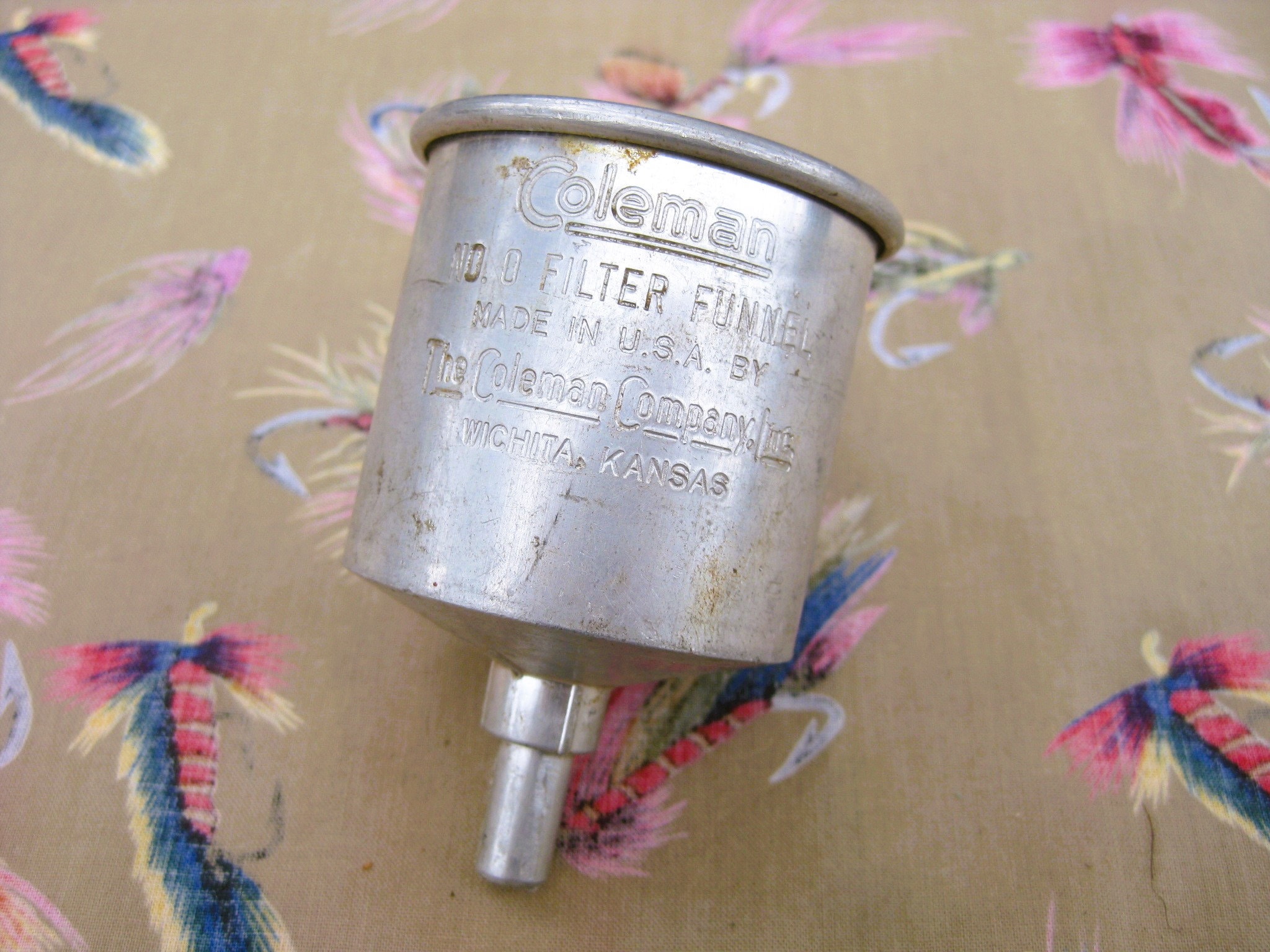 Vintage COLEMAN No. 0 Filter Funnel Aluminum Fuel Funnel W/ Blue