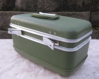 Mid Century AIRWAY Olive Green Hardshell Vanity Case Travel Train Luggage Cosmetic Makeup