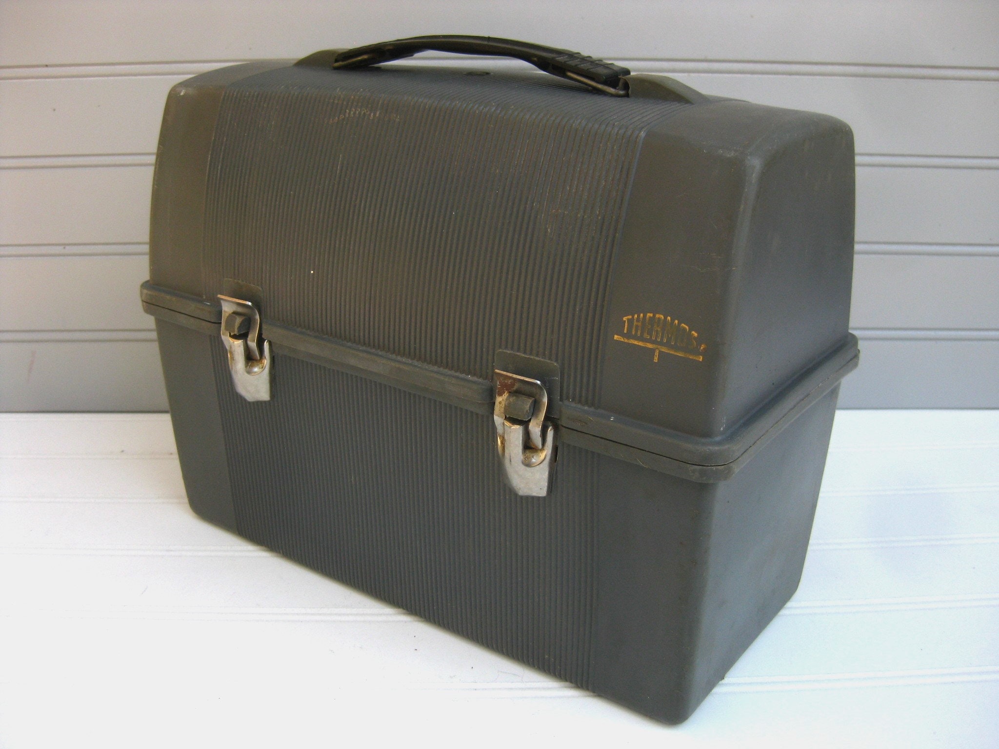 Vintage Black Thermos Plastic Lunchbox Storage Case 