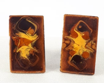 Copper Enamel Cufflinks, Vintage 1970s, Modern Abstract, Earth Tone, Gift For Him Jewelry