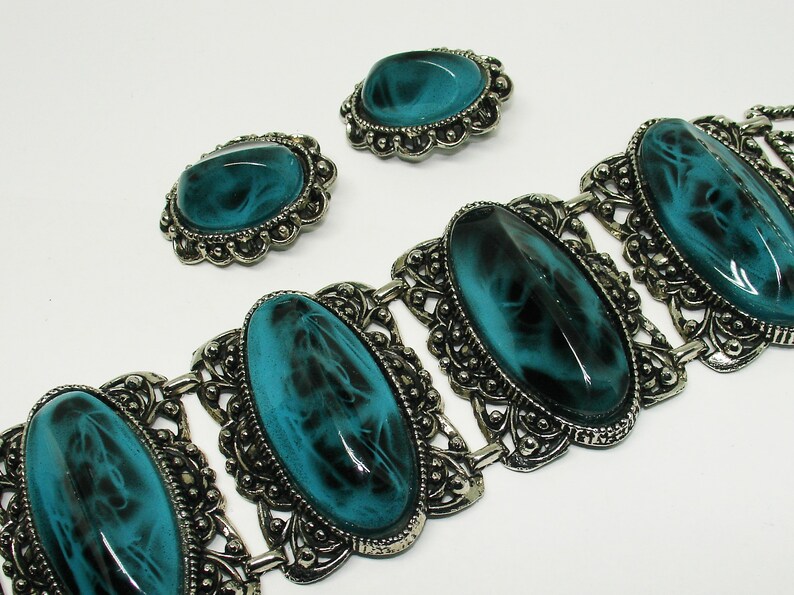 Vintage Thermoset Jewelry Set Mid Century Vintage 1960s Marbled Turquoise Cuff Bracelet /& Earrings