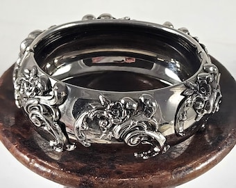 Vintage Wide Silver Tone Hinged Bangle, Repousse Design, Gothic Romance