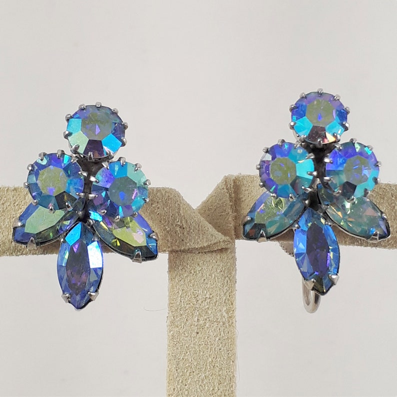 Aquamarine Blue Aurora Borealis Vintage Sherman Rhinestone Earrings