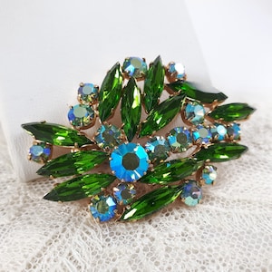Vintage Green Rhinestone Brooch, Blue Aurora Borealis, Jewel Lapel Pin, Statement Brooch, Jewelry Gift For Her, Sweater Pin
