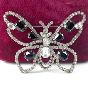 Vintage Rhinestone Butterfly Pin Brooch, Black & Crystal, Jacket Pins Vintage, Insect Lapel Pin, Gift for Her Jewelry