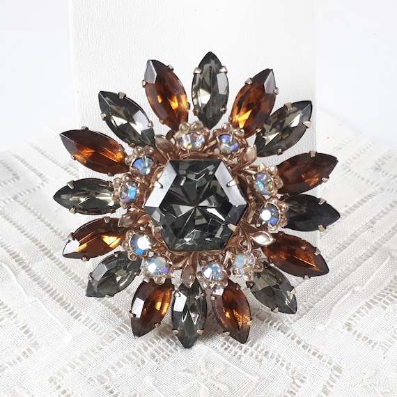 Vintage Floral Rhinestone Brooch, Topaz Pin, Black Diamond, Birthday Gift for Her, Jewel Lapel Pin, Sunflower Pin