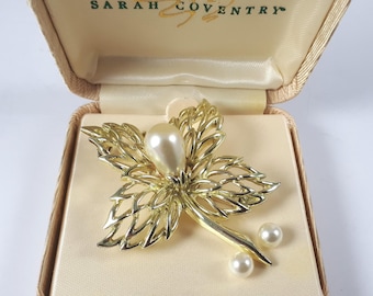 Sarah Coventry Brooch and Earrings, Faux Pearls, Pierced Studs, Original Box, Jewelry Gift For Her