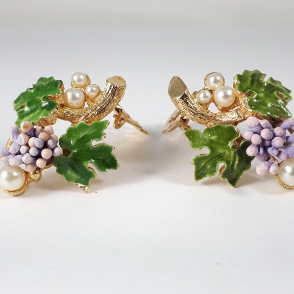 Florenza Purple Grape Cluster Clip Earrings, Faux Pearl, Green Enamel Leaf, Non Pierced, Jewelry Gift for Her