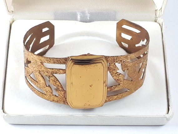 Vintage Art Deco Hinged Cuff Bracelet, Gilt Brass… - image 6