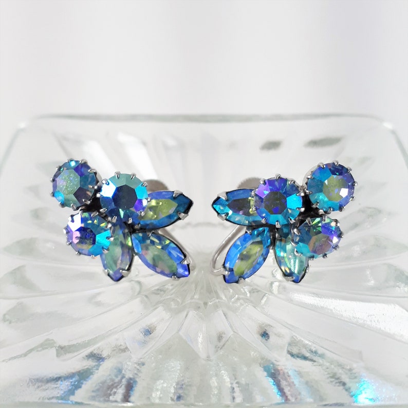 Aquamarine Blue Aurora Borealis Vintage Sherman Rhinestone Earrings