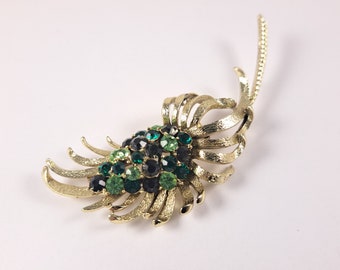 Vintage Coro Green Rhinestone Brooch, Flower Pin, Statement Brooch, Jewel Lapel Pin