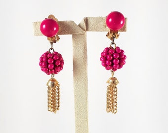Vintage Hot Pink Beaded Tassel Clip-on Earrings, Hong Kong