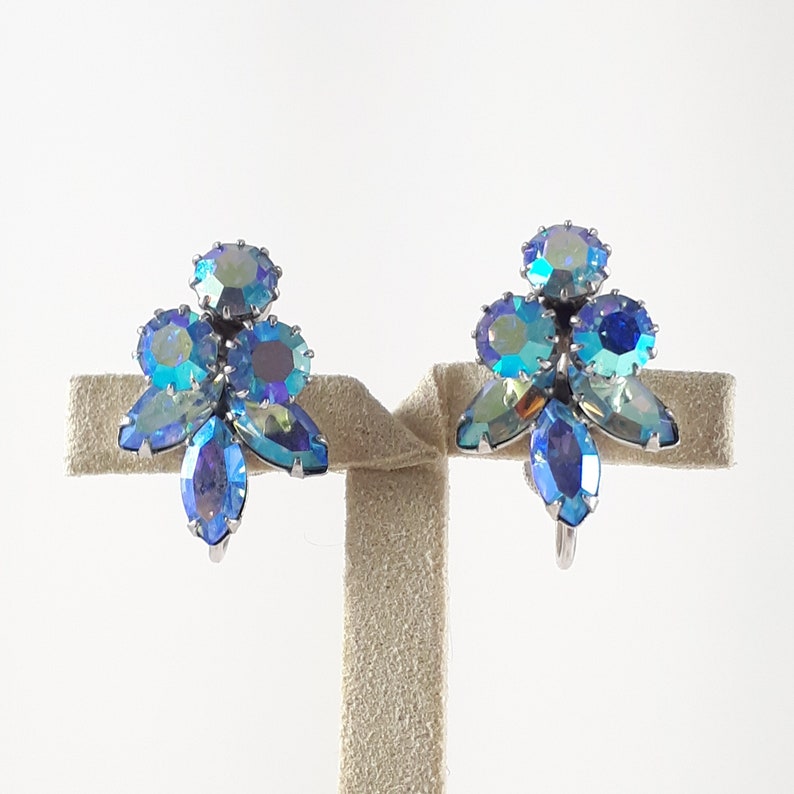 Aquamarine Blue Aurora Borealis Vintage Sherman Rhinestone Earrings