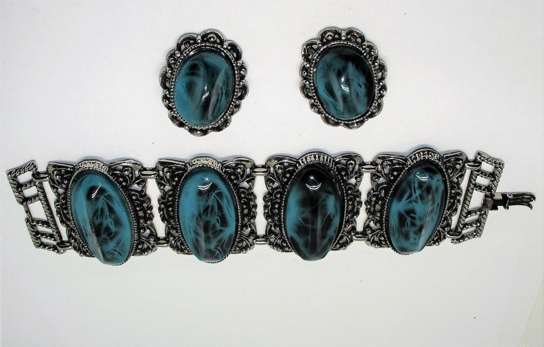 Vintage Thermoset Jewelry Set Mid Century Vintage 1960s Marbled Turquoise Cuff Bracelet /& Earrings