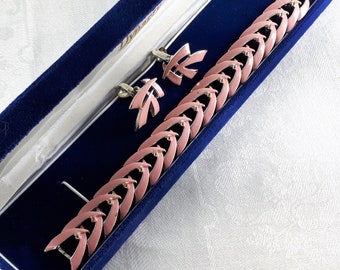 Vintage Coro Pegasus Pink Enamel Bracelet and Earrings Set