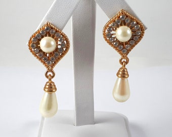 Vintage Vendome Earrings, Faux Pearls, Rhinestones, Drop Earrings, Clip On, Non Pierced, Bridal Jewelry
