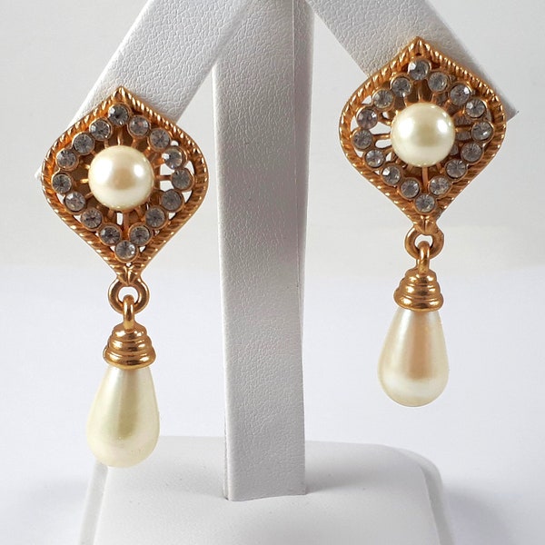 Vintage Vendome Earrings, Faux Pearls, Rhinestones, Drop Earrings, Clip On, Non Pierced, Bridal Jewelry