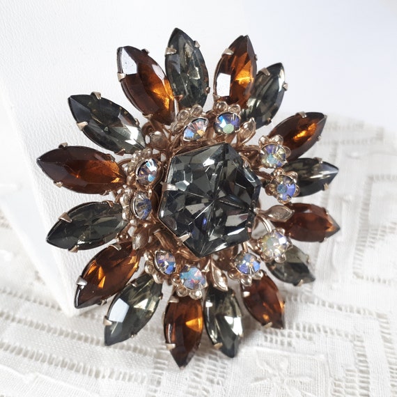 Vintage Floral Rhinestone Brooch, Topaz Pin, Black Diamond, Birthday Gift for Her, Jewel Lapel Pin, Sunflower Pin View 2