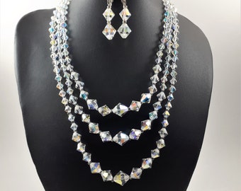Vintage Glass Bead Necklace & Earrings Set, Triple Strand, Dangle Earrings, Aurora Borealis
