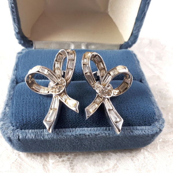 Marcel Boucher Rhinetone Bow Earrings, Signed Numbered, Vintage Wedding, Bridal Clip Ons, Non Pierced Earrings for Women