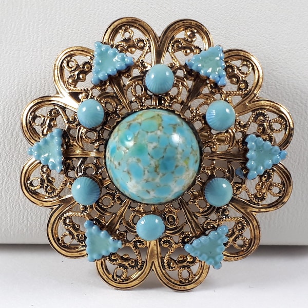 Vintage Turquoise Filigree Brooch Pin, Czech Glass, Gift For Her Jewelry, Jewel Lapel Pin