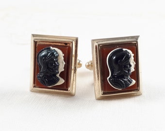 Vintage Cameo Cufflinks, Roman Centurion, Vintage 1940s, Red Black & White, Academia Aesthetic