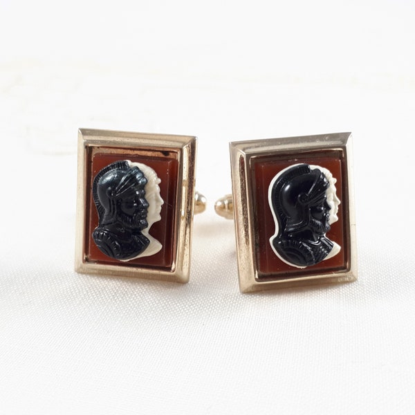 Vintage Cameo Cufflinks, Roman Centurion, Vintage 1940s, Red Black & White, Academia Aesthetic